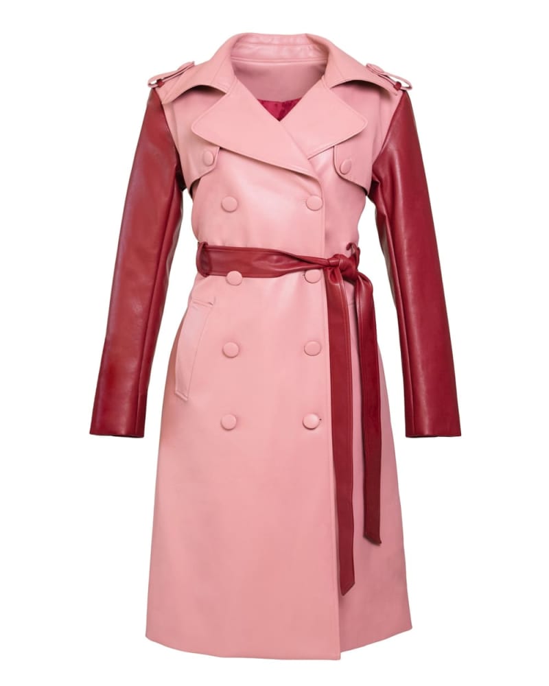 Front of a size XL Two Tone Pink Trench Coat in Burgundy by Hilary MacMillan. | dia_product_style_image_id:316505